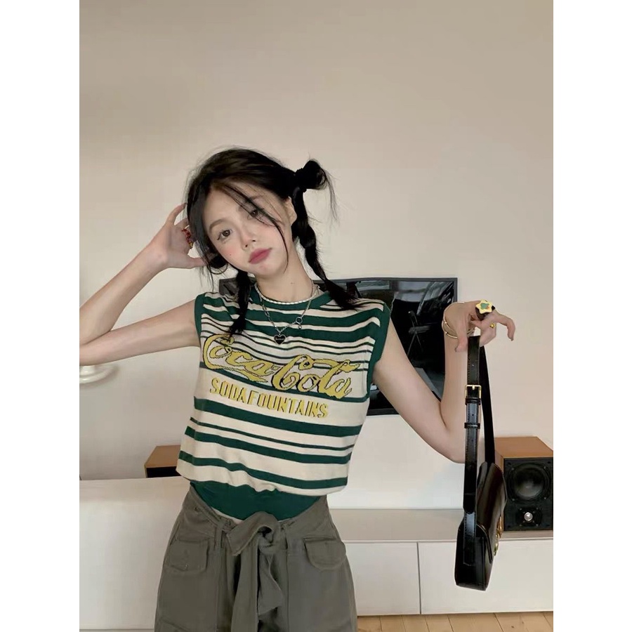 Áo Croptop Dệt Kim Sát Nách Kẻ Sọc In Chữ Kiểu Retro Thời Trang Mùa Hè Cho Nữ