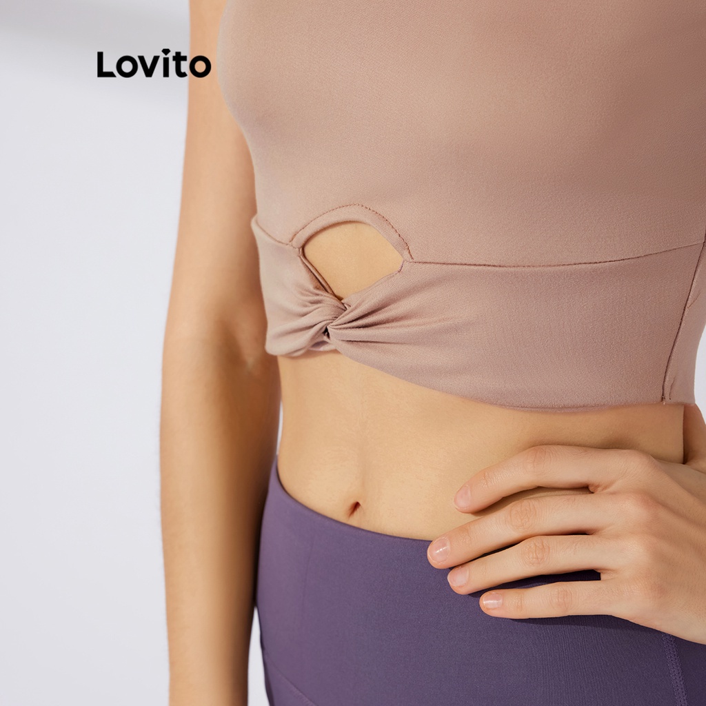 Áo thun thể thao Lovito màu trơn dạng ngắn xoắn vải cắt xẻ L23AD015 (màu hồng)