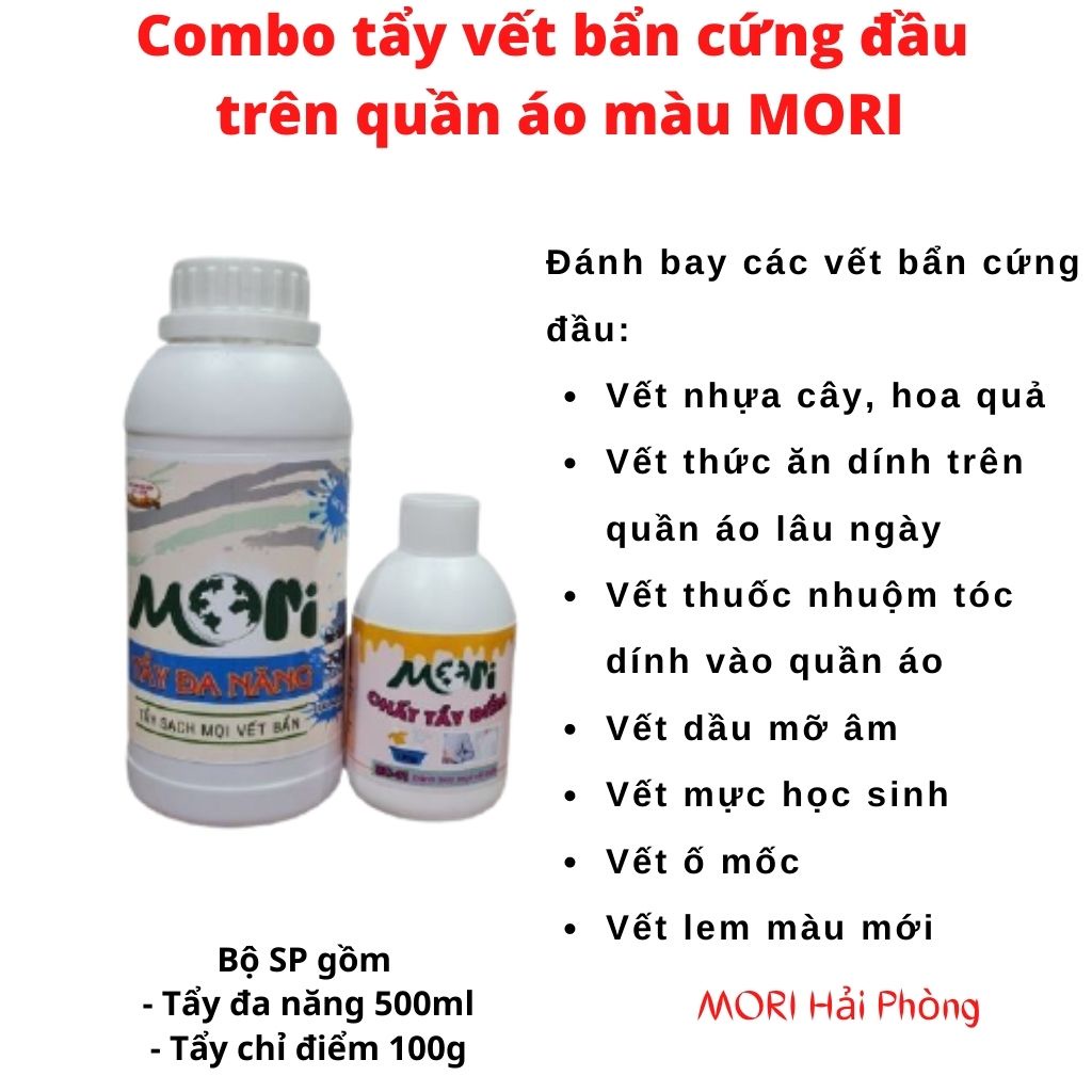 Tẩy quần áo màu MORI, combo thuốc tẩy trắng quần áo cực hiệu quả