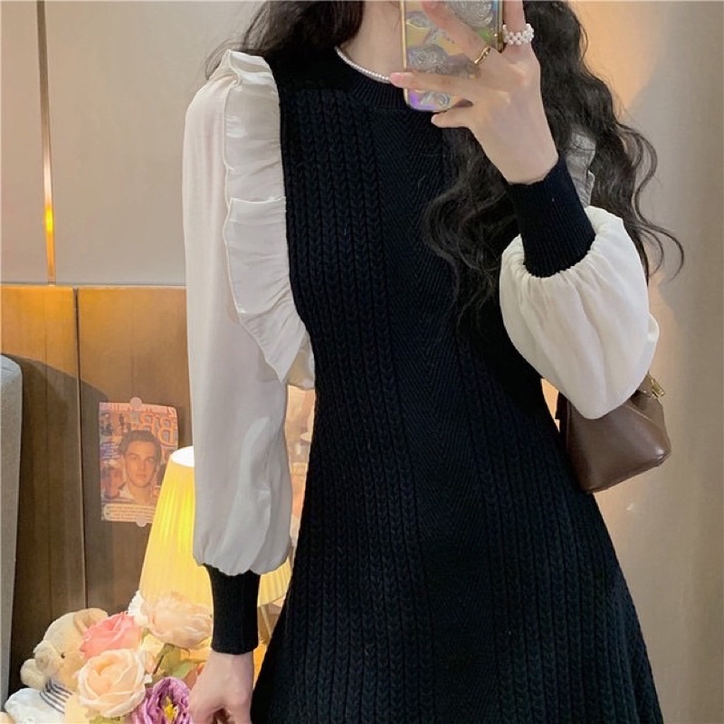 Váy len phối tay voan trắng ulzzang