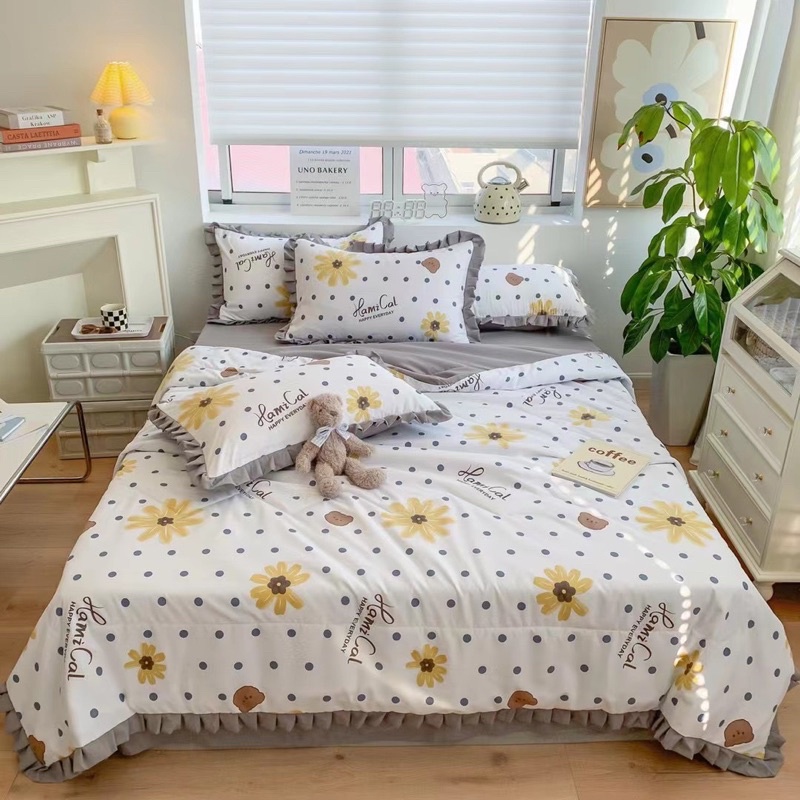 Bộ ga gối chăn trần cotton đũi bèo mềm mịn cho mùa hè,Bộ 4 món ga gối chăn trần mềm mị