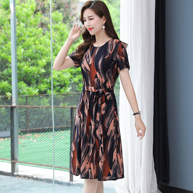 Summer Mom Clothes2021New Middle-Aged and Elderly Cotton Silk Artificial Cotton Cotton Mid-Length Skirt Four Or Five Ten-Year-Old Dress