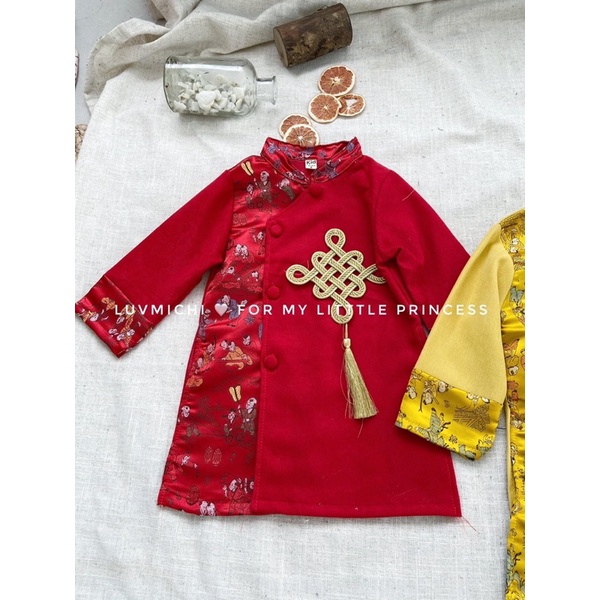 Áo dài cách tân cho bé trai-áo dài diện tết cho bé trai chất liệu gấm