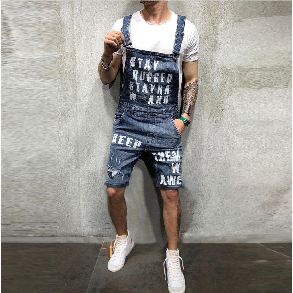 Hot sale ☛Mens Letter Pocket Jeans Overall Jumpsuit  Streetwear  Overall Suspender Pants