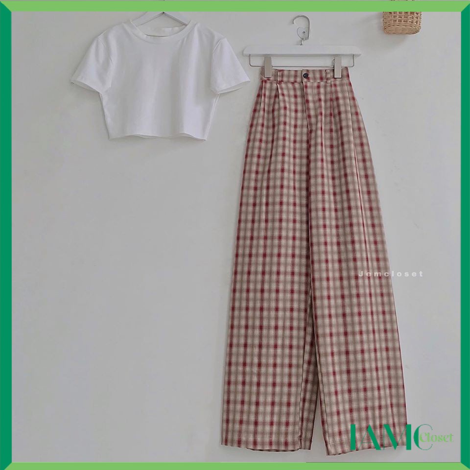 Quần caro nữ chất kaki ống suông rộng cạp cao Hàn Quốc YEED - 2398 IAMC.Closet
