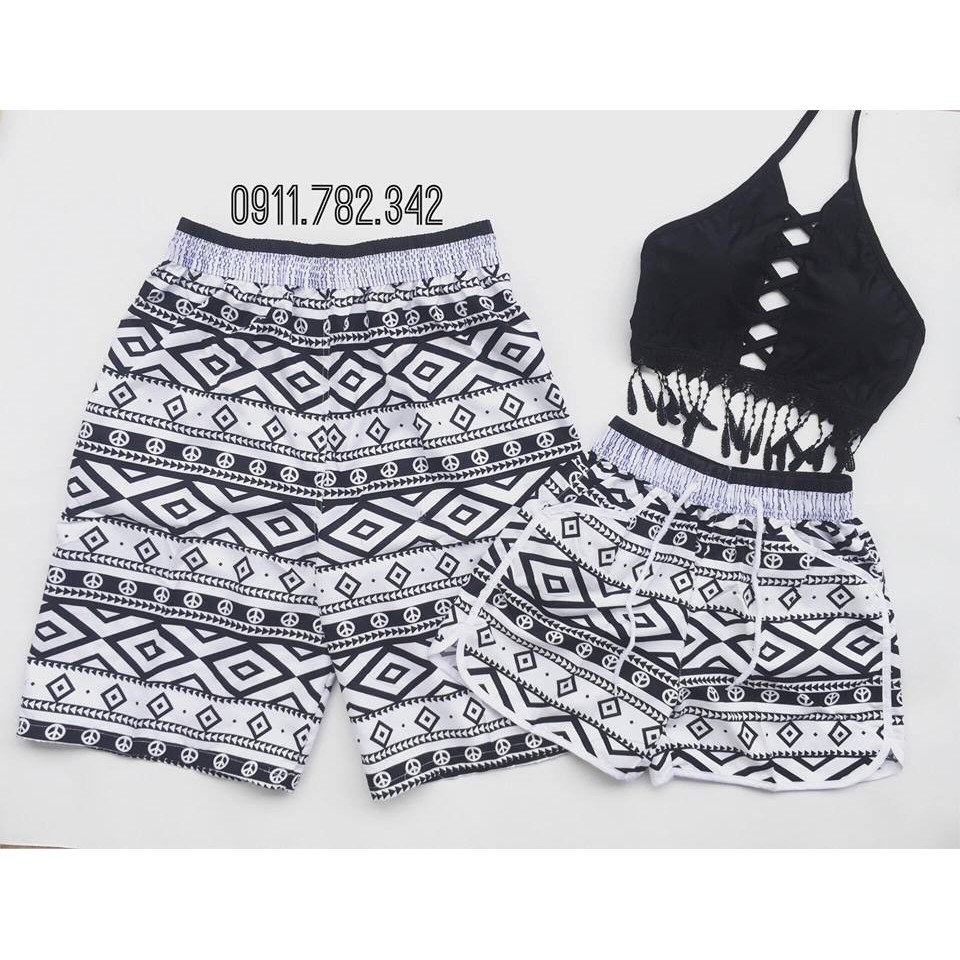 Cặp quần đôi nam nữ mặc đi biển sóng đen trắng đẹp chất dù ( Đảm bảo như hình)- Mới nhất