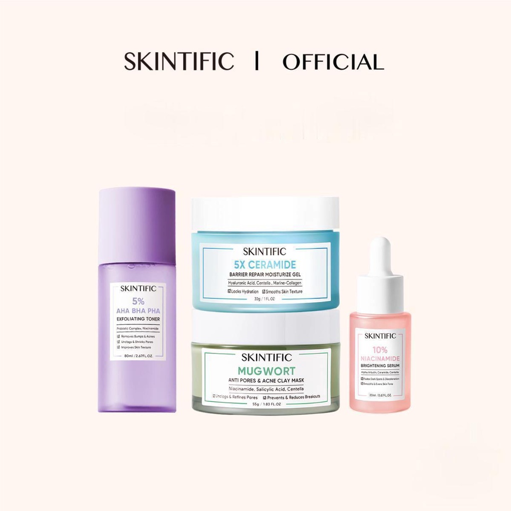 Combo Glowing SKINTIFIC gồm Mặt nạ đất sét ngải cứu 55g + Toner 80ml + Serum Niacinamide 20ml + Kem dưỡng ẩm 5X 30g