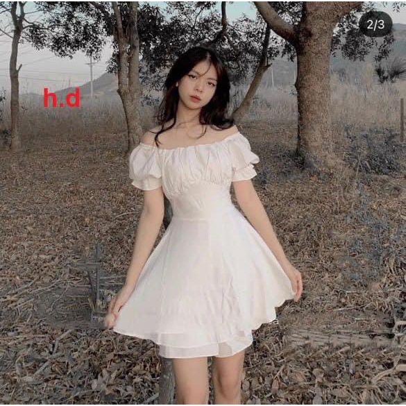Váy trắng tiểu thư xòe 2 tầng cổ vuông rúm ngực buộc eo- Đầm nữ trễ vai tay bồng chất thô mềm phong cách hàn quốc