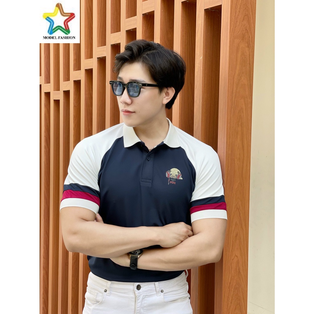 Áo thun polo nam nữ tay ngắn trắng phối xanh đen 2 sọc tay Hàn Quốc Model Fashion