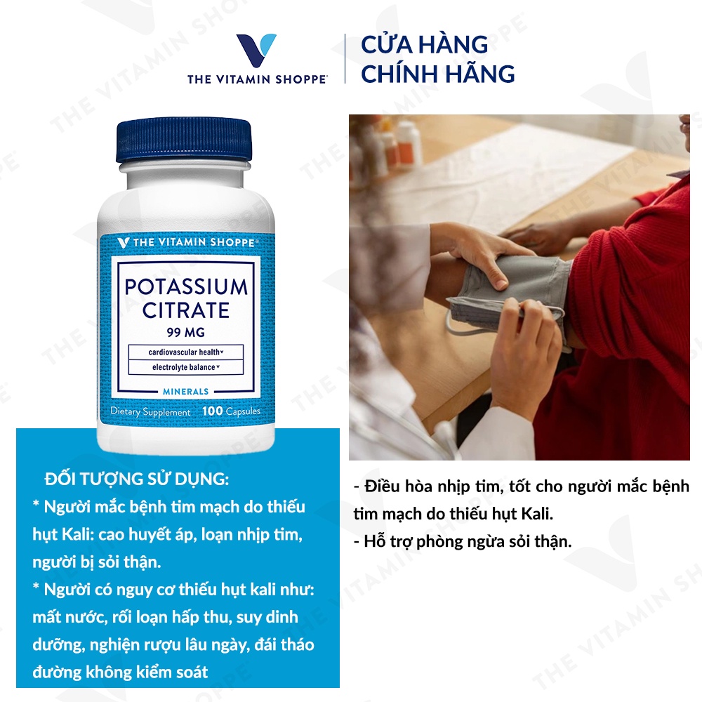 [Mã BMLTA35 giảm đến 35K đơn 99K] Viên uống giảm sưng đau gút THE VITAMIN SHOPPE Potassium Citrate bổ sung kali 100 viên