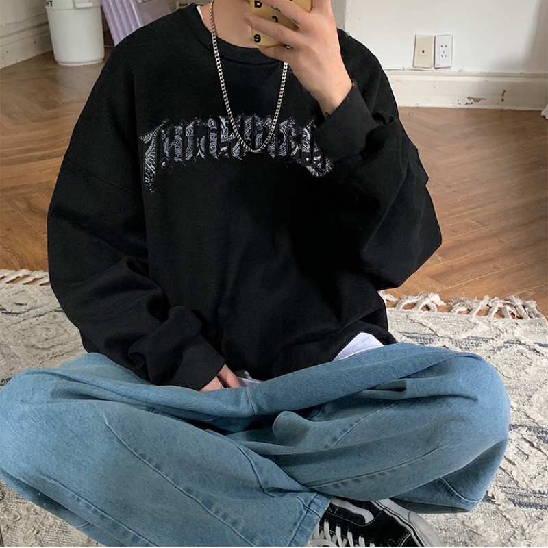 Áo sweater cổ tròn in chữ và họa tiết ngọn lửa độc đáo thời trang dạo phố cho nam size m - 5xl