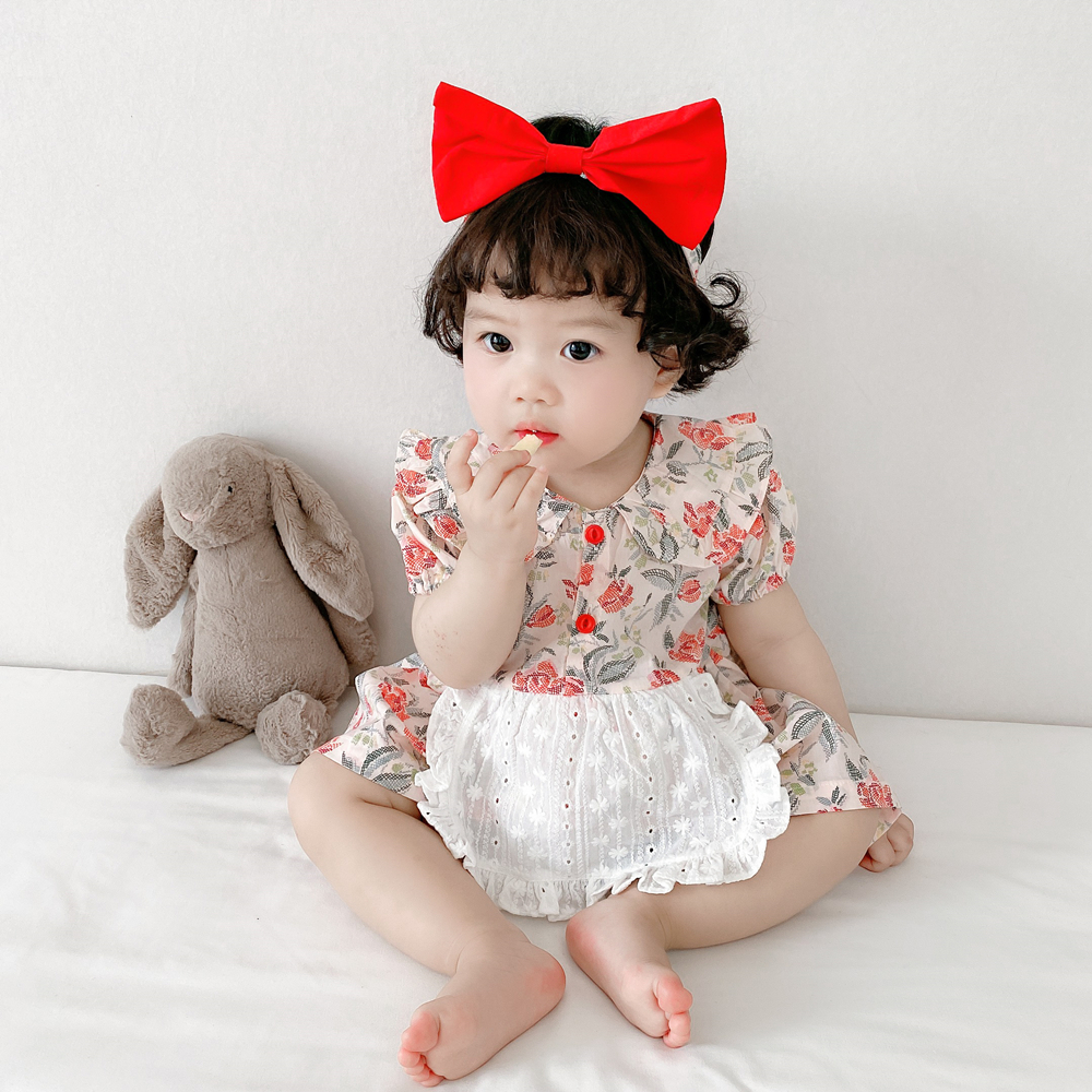 Bộ áo liền quần tay ngắn hoạ tiết hoa + băng đô cài tóc xinh xắn dành cho bé