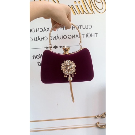 Clutch dự tiệc - ví nhung đính đá tua rua sang chảnh 1412