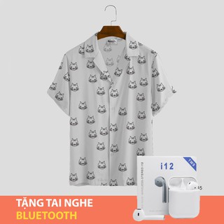 Áo sơ mi cổ vest hoạ tiết hình mặt mèo | Áo trắng đi biển, du lịch hè 2021 - SMD245