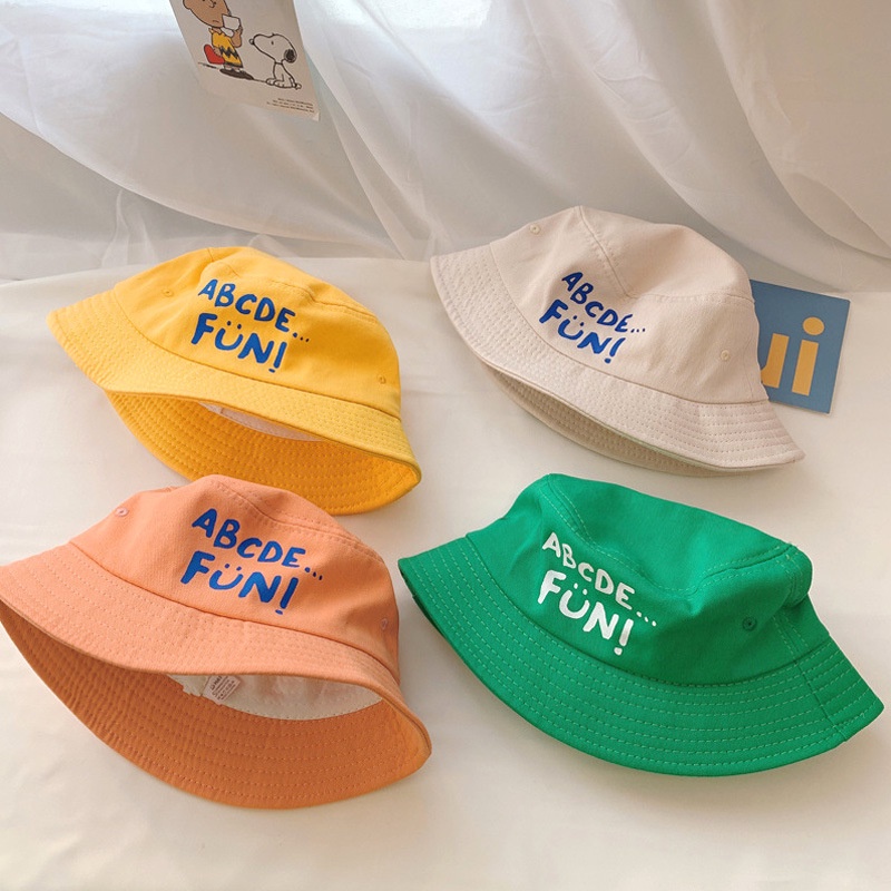 Ready Stock Fisherman Hat ABCDE FUN Print Kids Bucket Hat Outdoor Sunscreen Baby Sun Hat