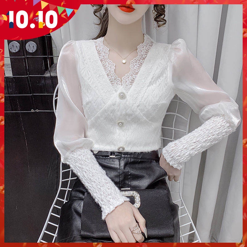 Áo ren cổ chữ V dài tay thời trang mùa thu mới dành cho nữ 2021