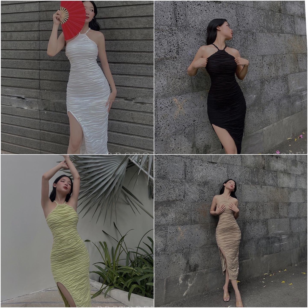 Đầm body xẻ đùi cổ yếm họa tiết thớ sợi