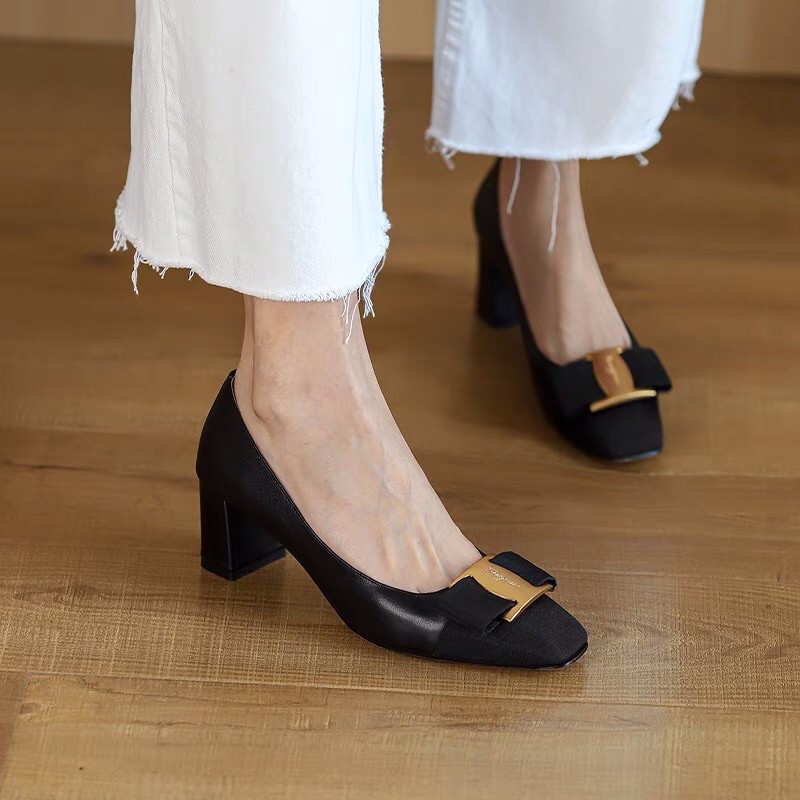 Giầy cao gót nữ phối nơ gót trụ C27