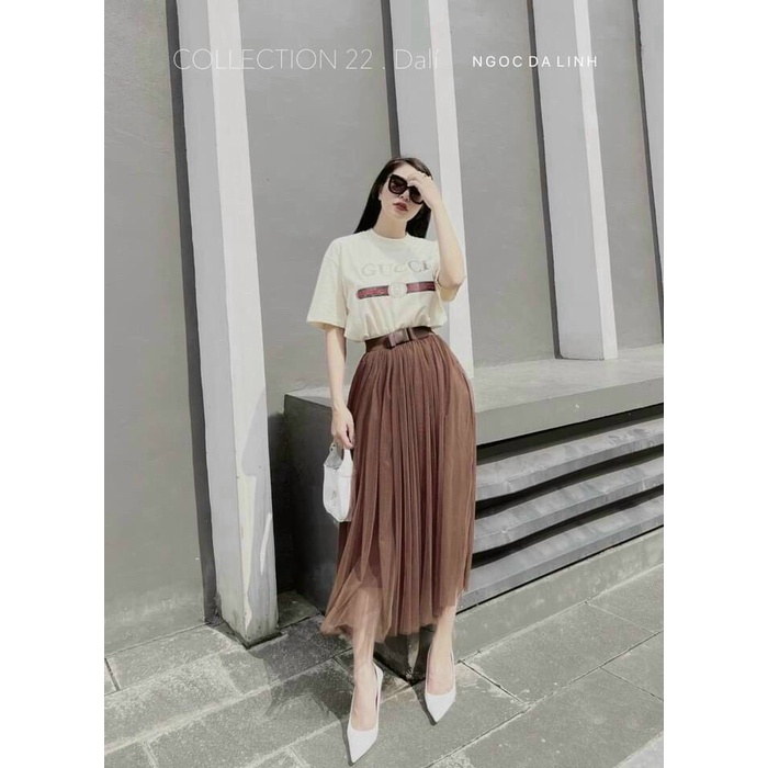 Chân váy xoè dáng dài chất von cạp đai nơ xinh xắn