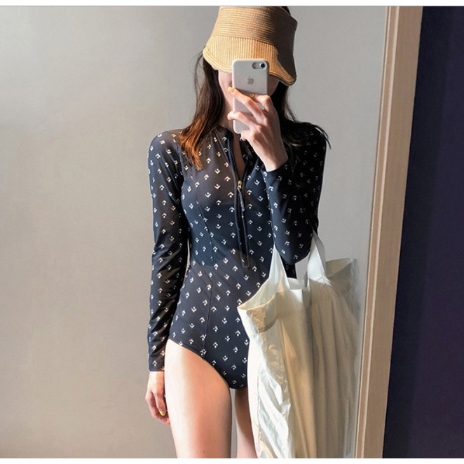 CÓ SẴN bộ đồ bơi nữ liền mảnh kéo khóa trước đen họa tiết nhí