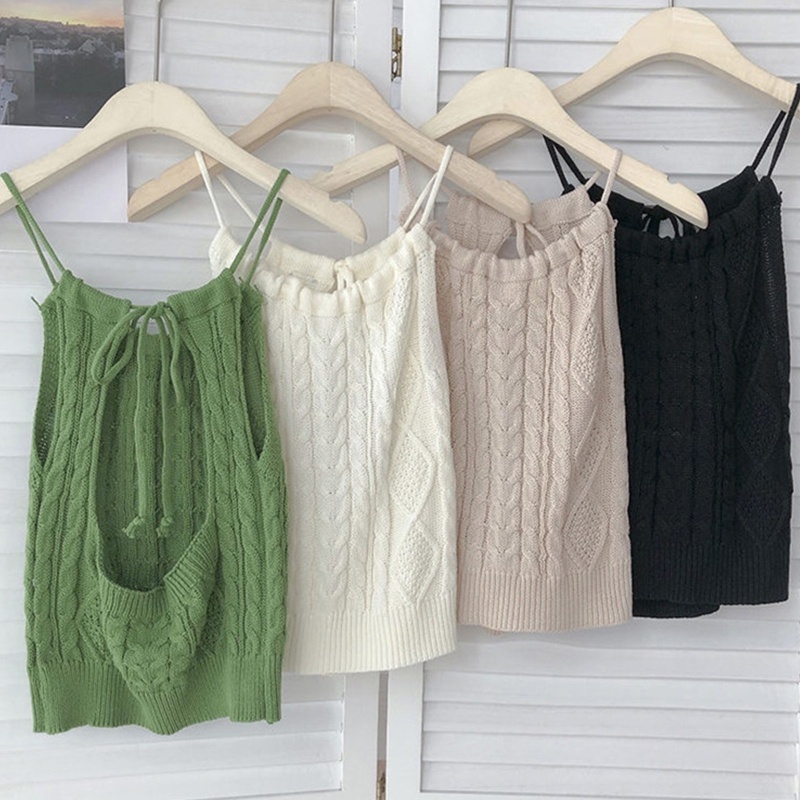 Brroa Áo Croptop Dệt Kim Không Tay Hở Lưng Phối Dây Cột Thời Trang Đi Biển Quyến Rũ Cho Nữ
