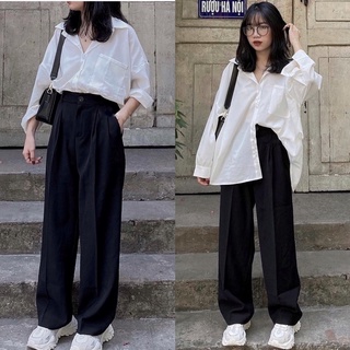 Quần suông đen ống rộng quần ống rộng kaki đen siêu hot trendy 2021