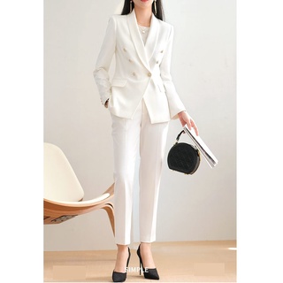 Set vest nữ blazer công sở QUYNH DESIGN cao cấp thiết kế áo chiết eo dài tay quần đứng màu trắng