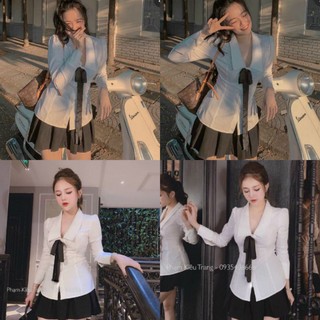 Bigsize set áo nơ kèm chân váy xếp li