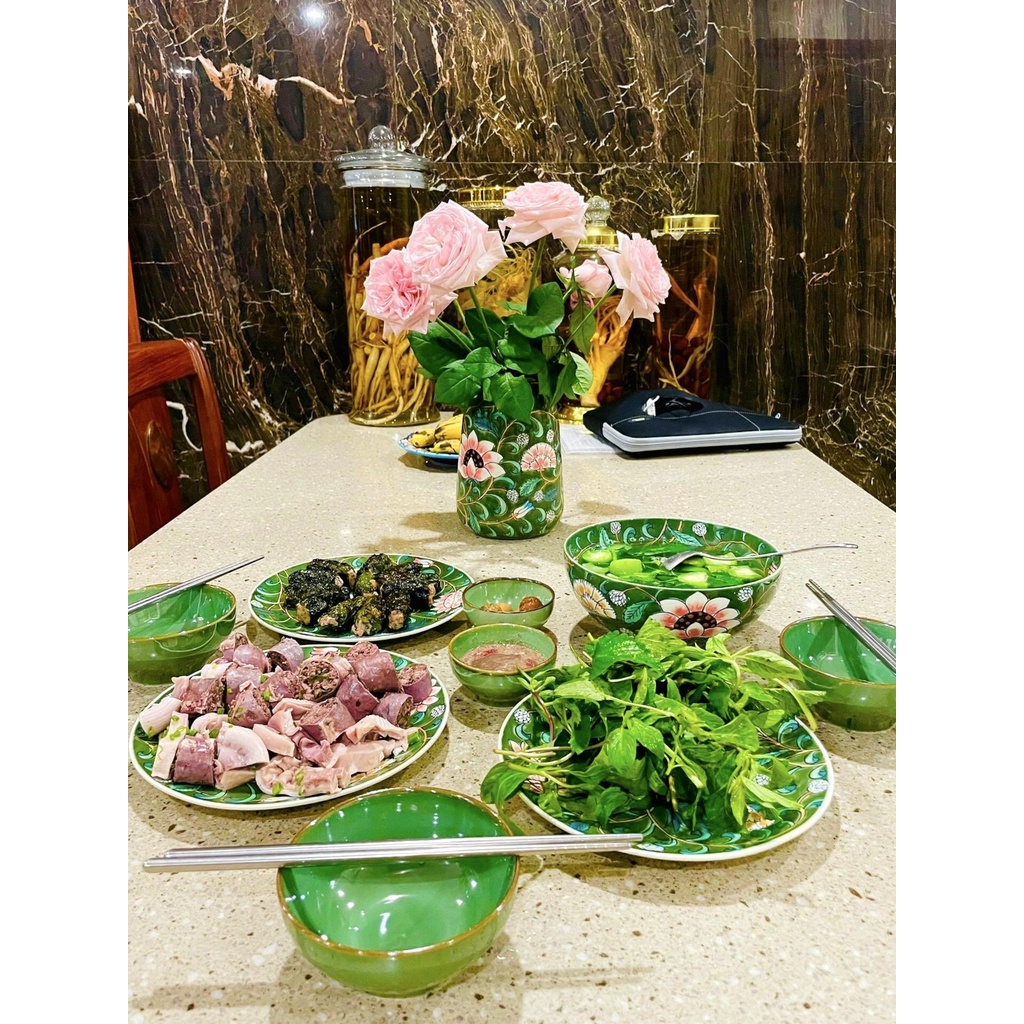 Bát cơm gốm sứ Gấm Hoa, chén ăn cơm sản xuất thủ công tại bát tràng, hàng cao cấp xuất nhật màu xanh lục bảo thanh lịch