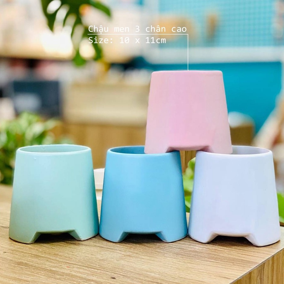Chậu gốm sứ trồng cây cảnh mini để bàn,cắm hoa khô men mát Bát Tràng kiểu dáng 3 chân cao