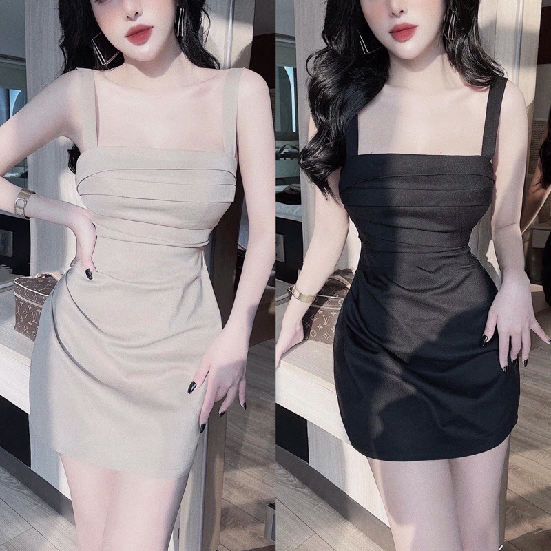 V779 Váy Kaki 2 Dây Dập Ly Trước Ngực Sang Chảnh , Đầm Hotgirl Dáng Ngắn Có Quần Lót Trong