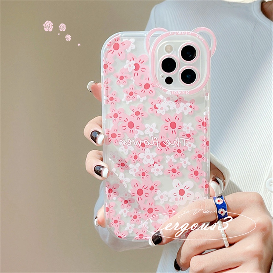 Ốp Điện Thoại Mềm Họa Tiết Hoa Và Tai Gấu Cho iPhone 14 13 12 11 Pro Max SE2020 X XR Xs Max 7 8 6 6s Plus