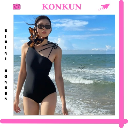 Đồ bơi Bikini liền mảnh lệch vai cột nơ cá tính màu đen KONKUN MS28