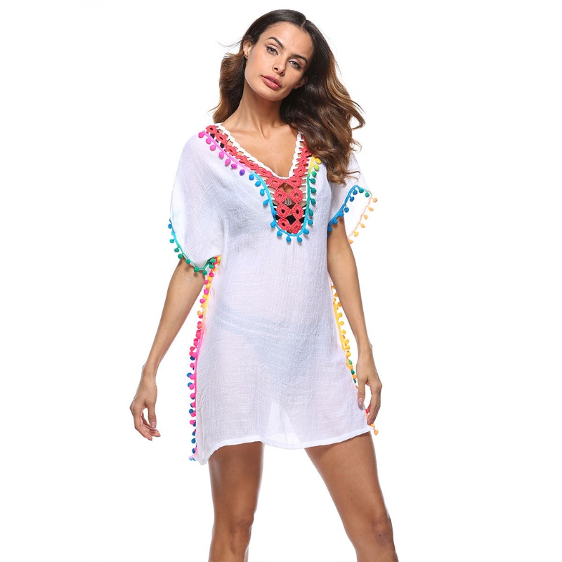 Han Bộ Bikini Che Phủ Bộ Bikini Đi Biển Cổ Chữ V Khoét Sâu Đan Móc Tua Rua Bên Hông Màu Cầu Vồng Gợi Cảm Dres