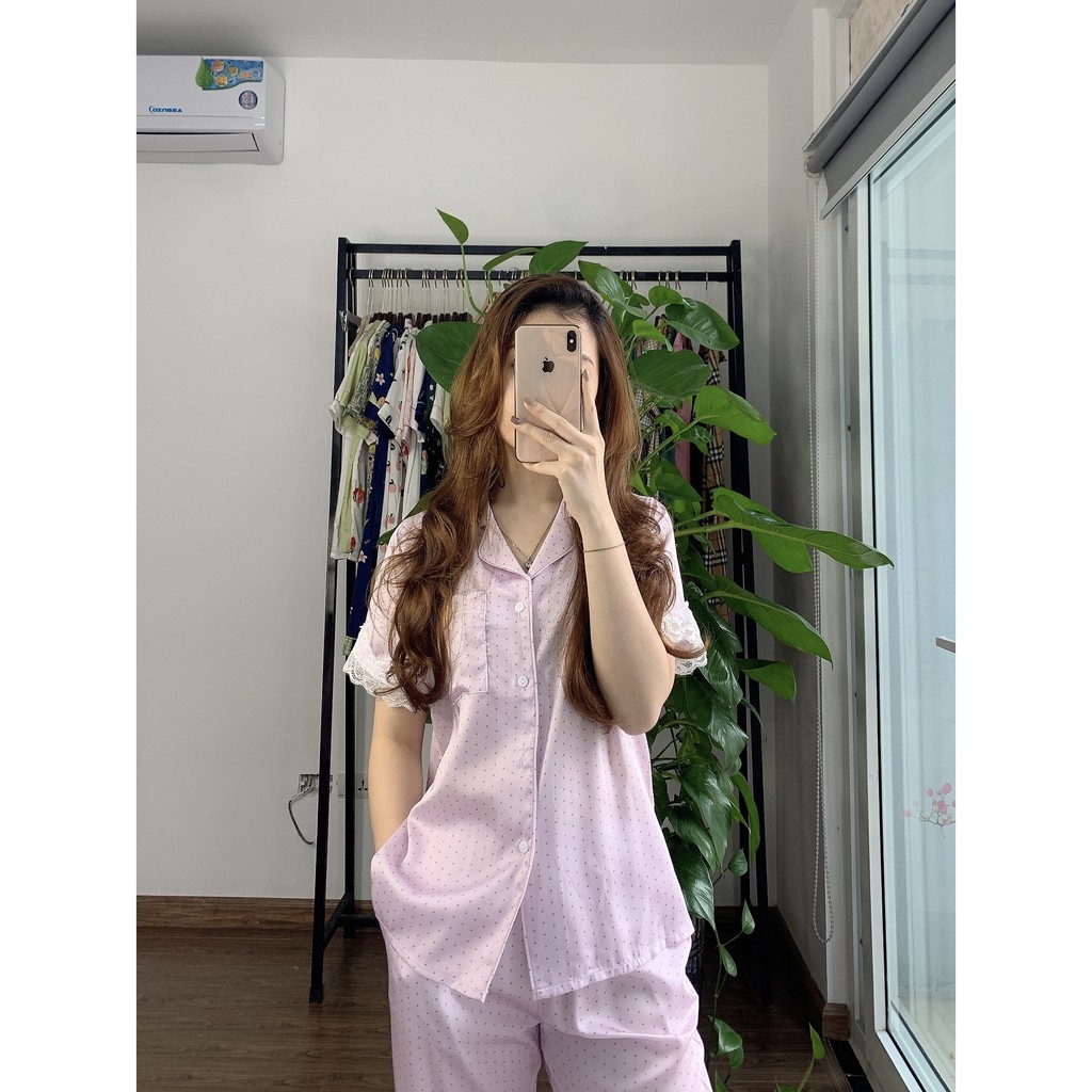 Bộ Pijama lụa NOHK cao cấp mặc nhà cộc tay quần dài chấm bi phối ren