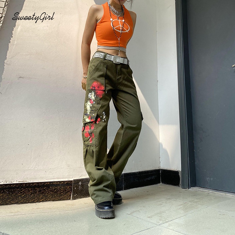 Quần Dài Lưng Thấp Dáng Rộng Có Túi In Họa Tiết Màu Xanh Lá Tương Phản Thời Trang 2022 Cho Nữ