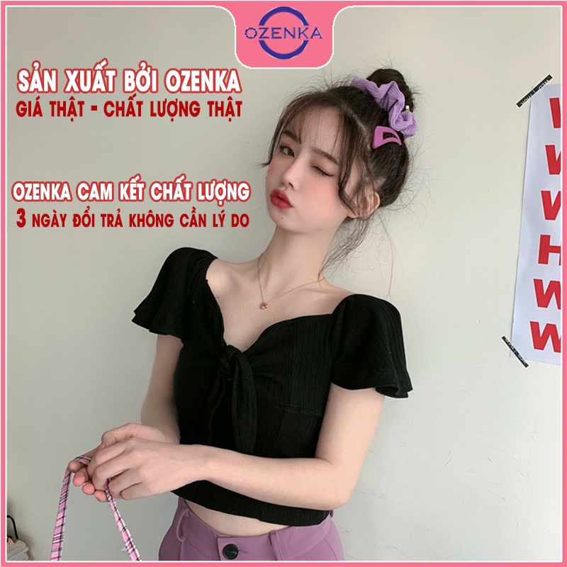 Áo croptop ngắn tay cánh tiên nữ OZENKA , áo thun ôm trễ vai gợi cảm nữ tính thun gân 100% cotton đen trắng dưới 50kg