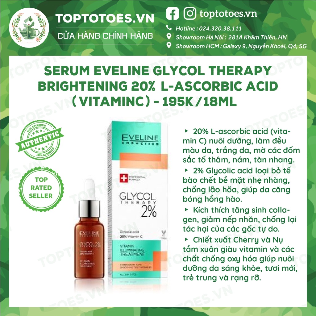 Serum Eveline Glycol Therapy Brightening 20% L-ascorbic Acid (Vitamin C) dưỡng da trắng sáng, căng bóng, đều màu