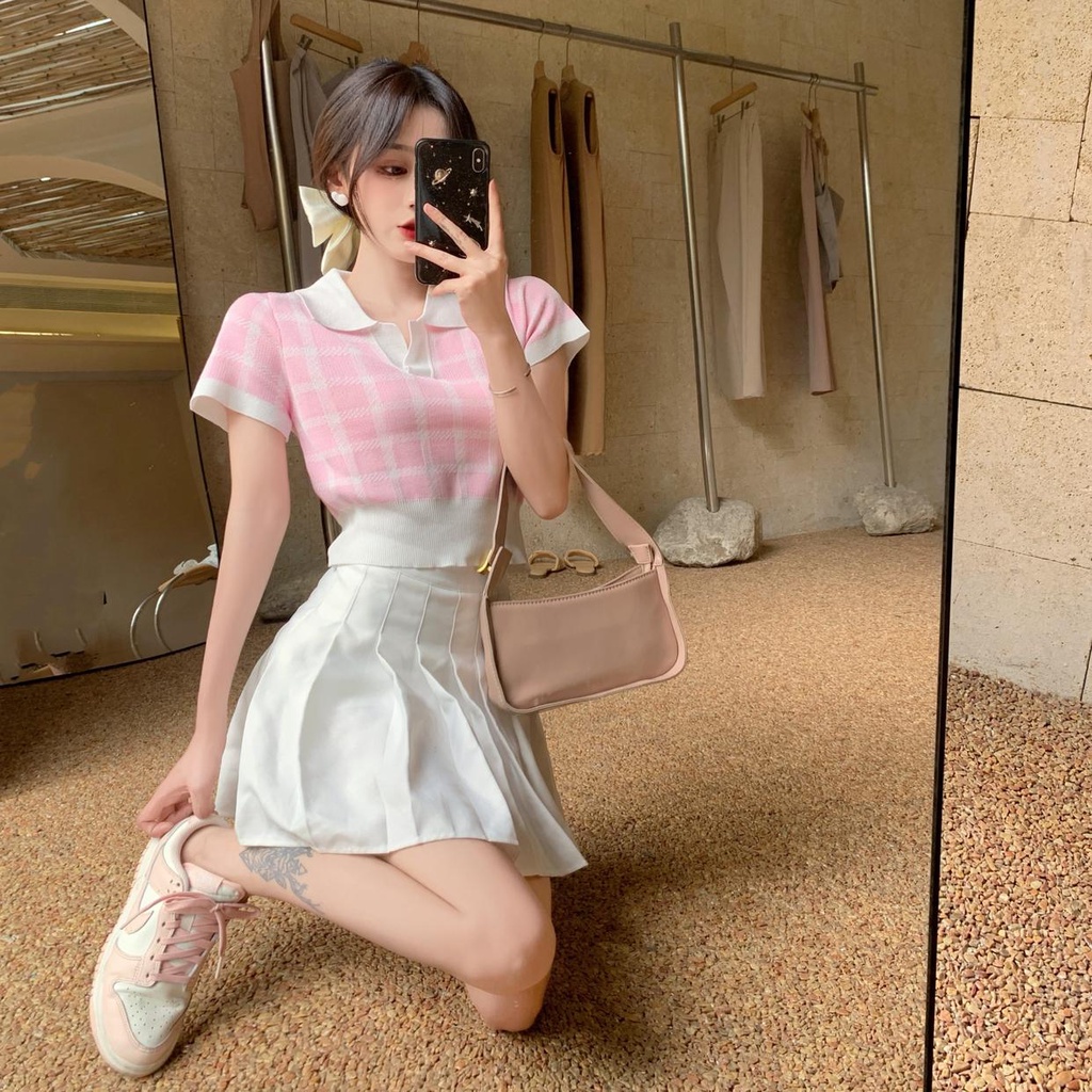 Áo thun tay ngắn cổ polo dệt kim eo cao thời trang Pháp