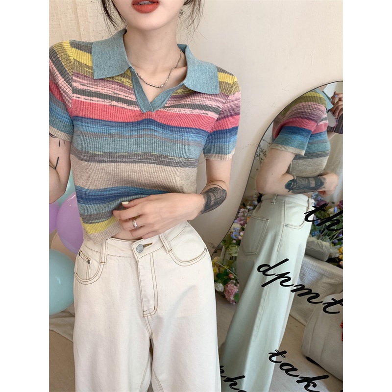 Áo Dệt Kim Cổ POLO Kẻ Sọc Cầu Vồng Tương Phản Hàn Quốc