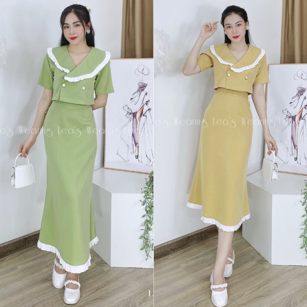 Set váy dáng dài áo vest croptop mix chân váy viền bèo trắng LEOSWEARING L370 L371