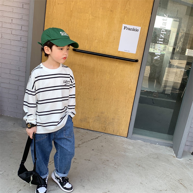 Áo Thun Tay Dài Họa Tiết Kẻ Sọc Phong Cách Hàn Quốc Thời Trang Xuân Thu 2022 Mới Cho Bé Trai