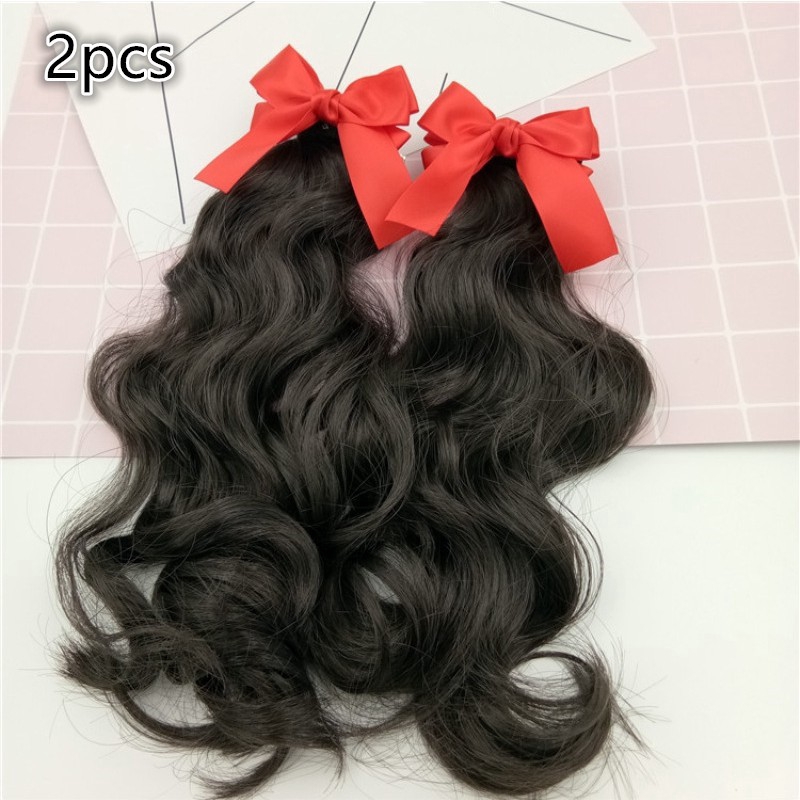 Cặp kẹp nơ tóc giả dài xoăn lượn sóng màu đen cho trẻ em