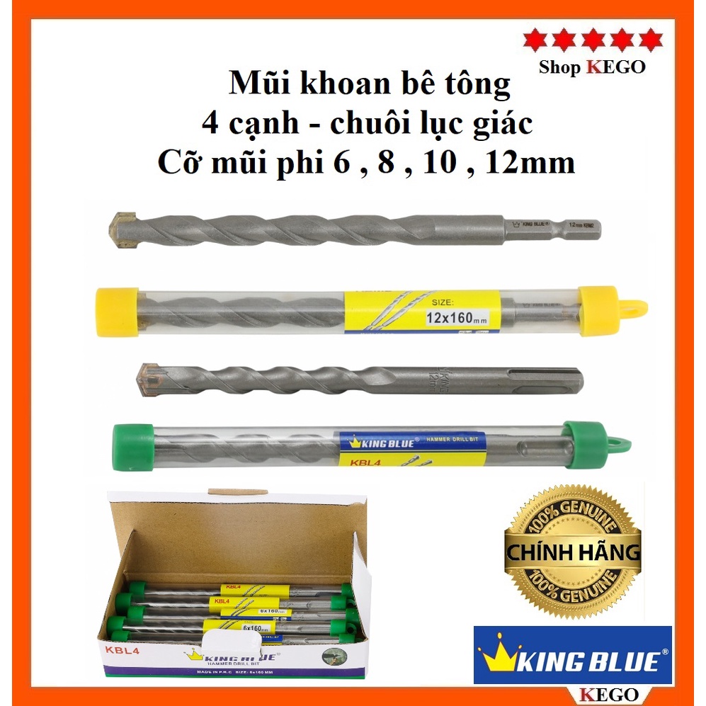 [CHÍNH HÃNG] Mũi Khoan Tường, Bê Tông chuôi gài và lục giác mũi 2 cạnh,4 cạnh, mũi 6, 8, 10, 12mm dài 160mm King Blue