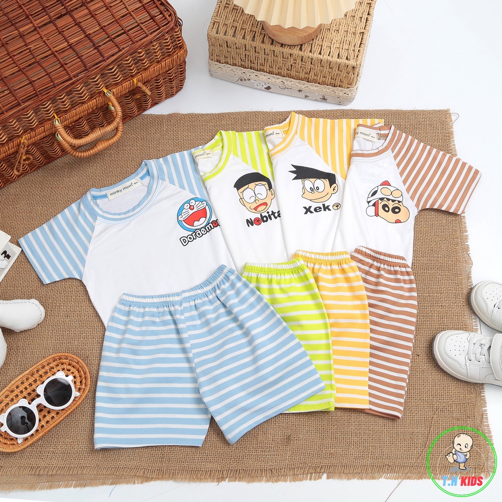 [Bé 7-19kg] XẢ KHO - Bộ ngắn tay thun lạnh phối tay sọc dệt Minky mom cho bé trai bé gái từ 7-19kg