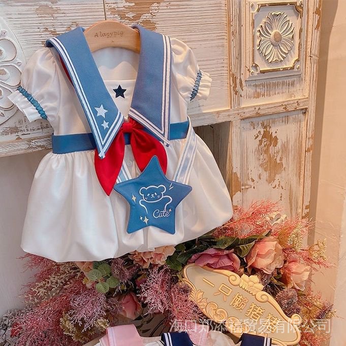 Đầm Công Chúa Mùa Hè Tay Cộc Phong Cách Hải Quân Dễ Thương Cho Bé Gái 2022