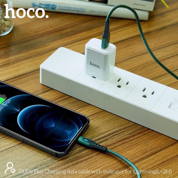 Cáp sạc Hoco DU08/DU08 Plus USB to Lightning, sạc nhanh 2.4A, dây bọc dù chống đứt, có đèn LED dài 1m/2m