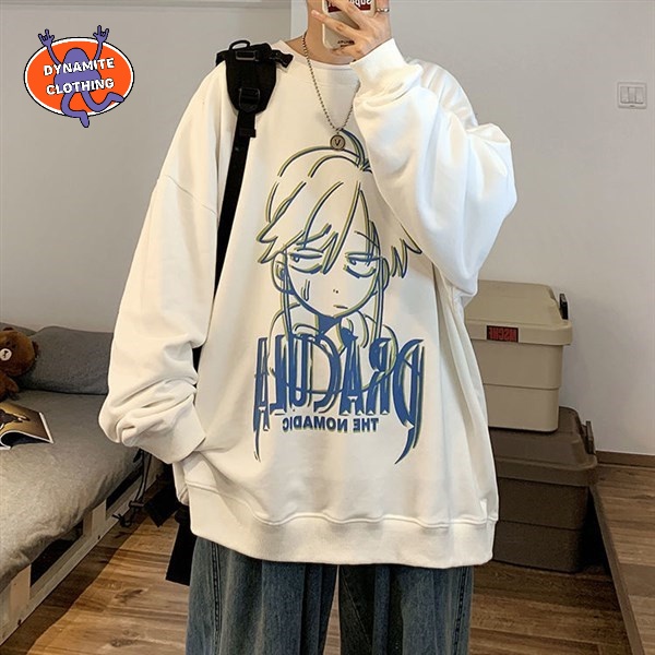 Áo Sweater Cổ Tròn Lót Nhung Dáng Rộng In Họa Tiết Hoạt Hình Thời Trang Cho Nam Size M-5XL