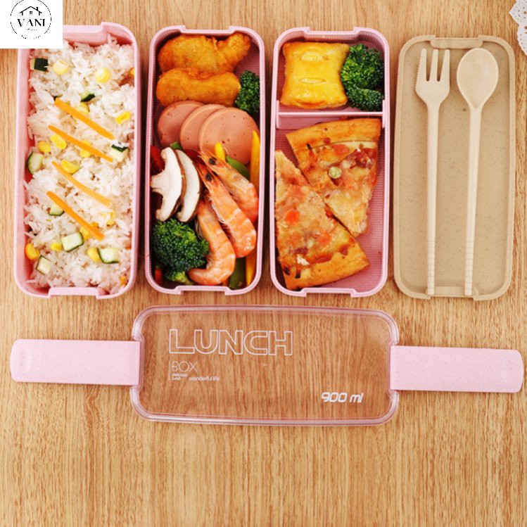 HỘP CƠM 3 TẦNG LÚA MẠCH - Hộp cơm văn phòng 3 tầng - LUNCH BOX 900ML ( tặng kèm muỗng dĩa )