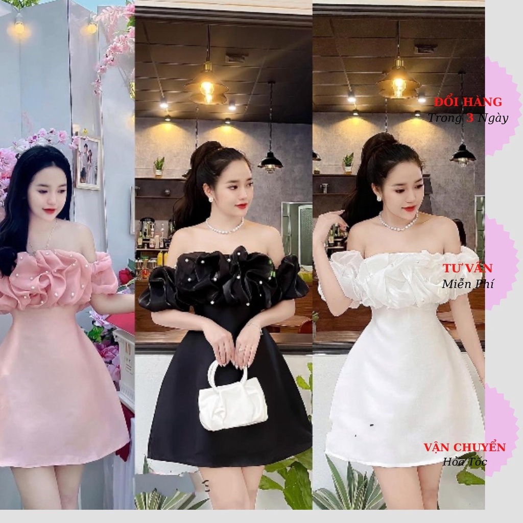 Váy trễ vai nữ tacta tay bồng viền bèo tầng đính ngọc tiểu thư bánh bèo dáng ngắn đi tiệc cưới sang chảnh Hàn Quốc